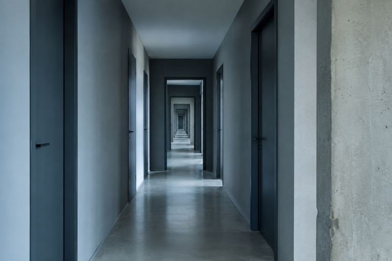 Pasillo con puertas idénticas repitiéndose en perspectiva