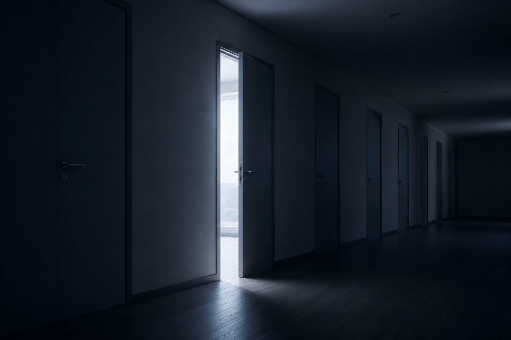 Pasillo en penumbra con varias puertas y una entreabierta con luz de día