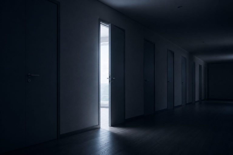 Pasillo en penumbra con varias puertas y una entreabierta con luz de día
