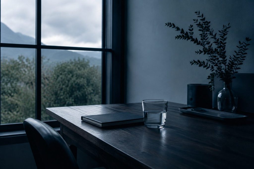 Escritorio de madera junto a una ventana, con un cuaderno cerrado