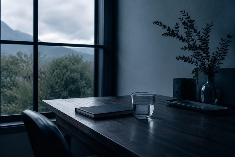 Escritorio de madera junto a una ventana, con un cuaderno cerrado