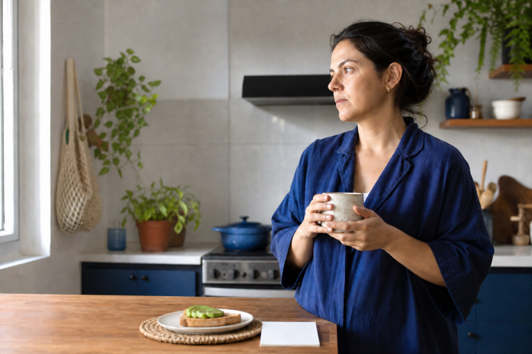 Mujer de pie en una cocina luminosa sostiene una taza junto a un desayuno preparado y mira hacia la ventana.