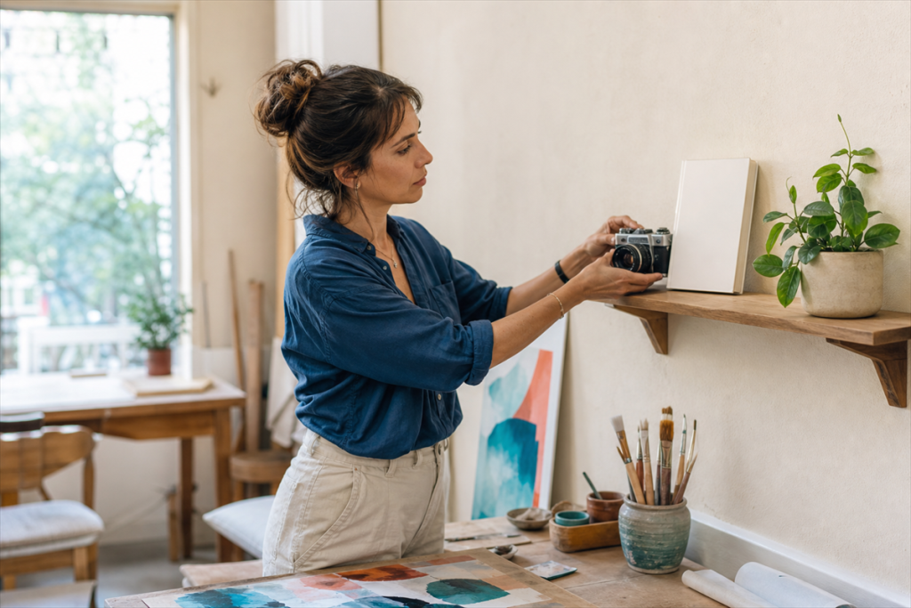 Mujer coloca una cámara fotográfica en una repisa dentro de un estudio con pinturas y pinceles.